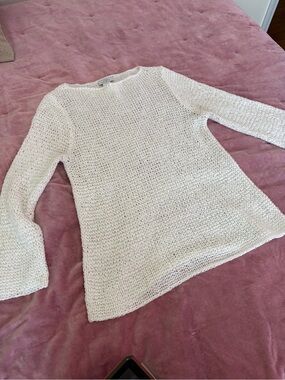 LOFT Cream Open-Weave Crewneck Sweater